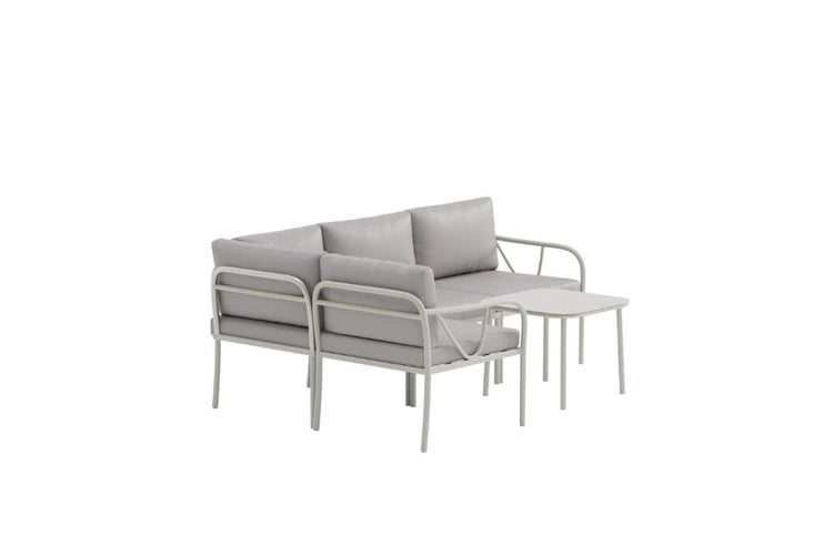 Modernes Garten-Lounge-Set bestehend aus Sofa, Sessel und Beistelltisch mit grauen Polstern und Metallgestell.