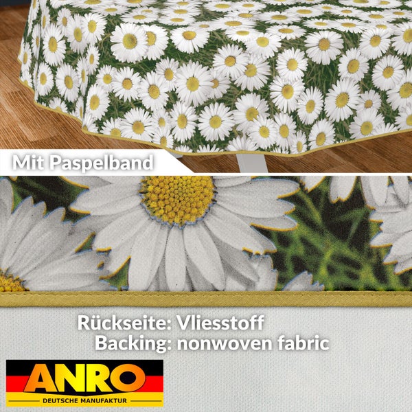 Tischdecke mit Gänseblümchenmuster und Paspelband sowie Rückseite aus Vliesstoff