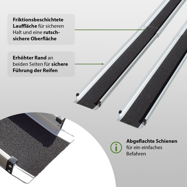 Detailaufnahme von zwei Rollstuhlrampen mit rutschfester Oberfläche und erhöhten Rändern