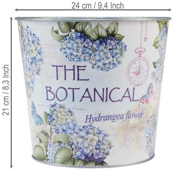 Dekorativer Zinkeimer mit Hortensien Motiv, Aufschrift The Botanical Hydrangea flower, 21 Zentimeter hoch und 24 Zentimeter breit