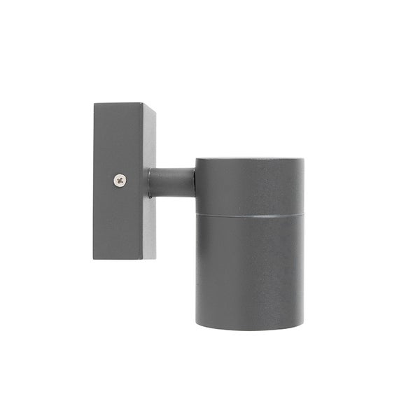 Moderne Außenwandleuchte aus Metall in Anthrazit, zylindrisches Gehäuse mit rechteckiger Wandhalterung.