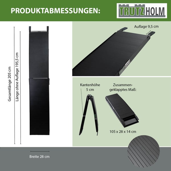 TRUTZHOLM 2 x Auffahrrampen 205 cm Traglast 680 kg Alu schwarz klappbar geriffelt Motorradrampen