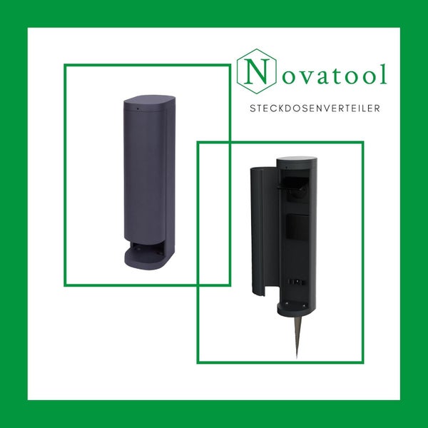 Novatool Logo. Steckdosenverteiler für den Garten in Säulenform mit Erdspieß, im geschlossenen und geöffneten Zustand.