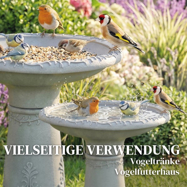 Vogeltränke und Vogelfutterhaus in Steinoptik im Garten mit verschiedenen Vögeln wie Rotkehlchen und Blaumeisen beim Fressen und Baden.