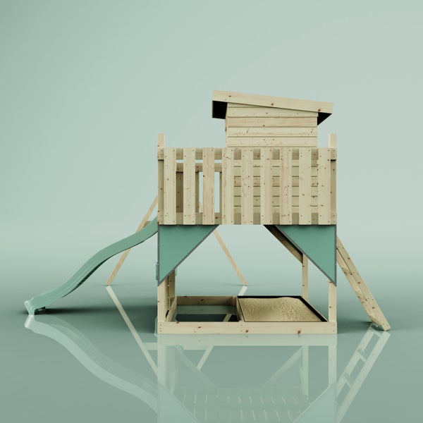 Spielturm aus Holz mit Spielhaus, Rutsche, zwei Schaukeln, Kletterleiter und integriertem Sandkasten.