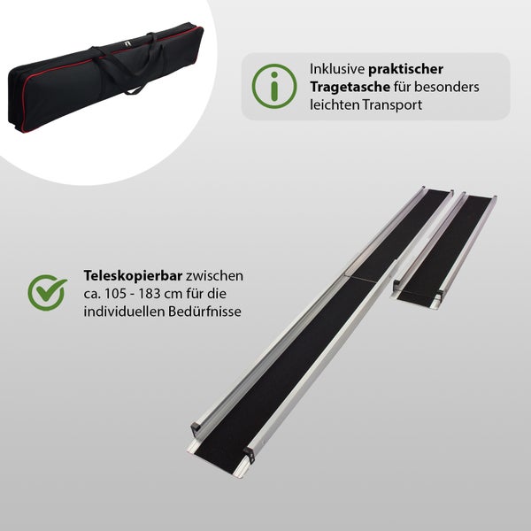 TRUTZHOLM 2 x Teleskoprampe 105-183cm Traglast 272 Alu grau schwarz beschichtet inkl. Tasche  Rollstuhlrampe