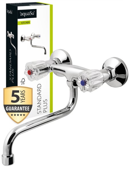 aquaSu® Wand-Zweigriffmischer Standard Plus | Küchenarmatur mit schwenkbarem S-Auslauf | Mischbatterie für Spüle | Spültischarmatur | Wand-Befestigung | Chrom | 778626