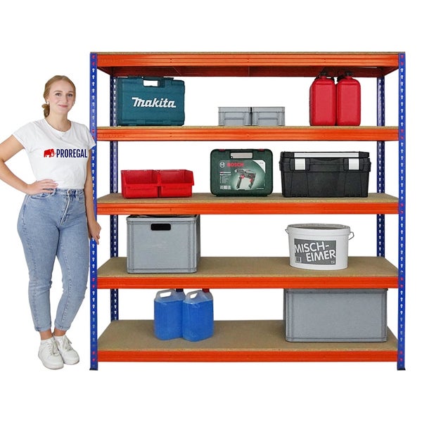 PROREGAL Mega Deal 4x Profi Schwerlastregal Bison HxBxT 200 x 200 x 60 cm 5 Fachböden Fachlast 600 kg Blau-Orange