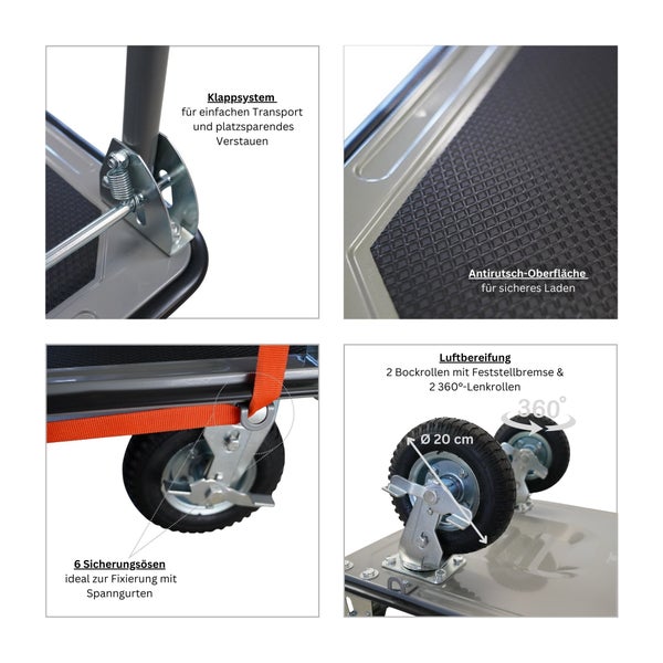 Details eines Transportwagens: Klappsystem, Anti-Rutsch-Oberfläche, sechs Sicherungsösen und Luftbereifung mit zwei Bockrollen und zwei Lenkrollen
