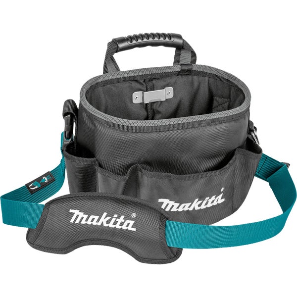 Makita Werkzeugtasche mit Tragegriff, verstellbarem Schultergurt und Außenfächern für Werkzeuge. Makita Logo.