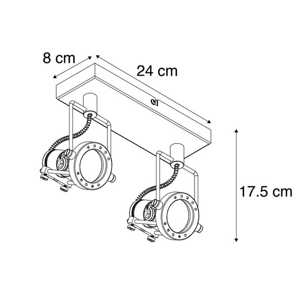 Technische Zeichnung einer Deckenleuchte mit zwei Strahlern und Maßangaben
