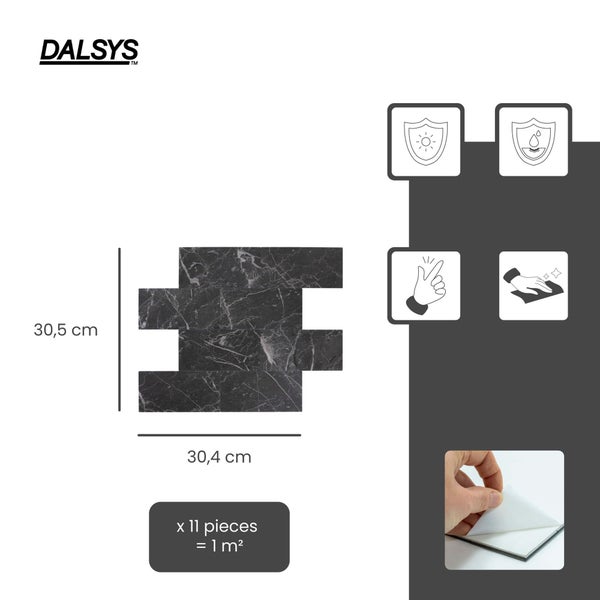 Dalsys Logo, selbstklebende Wandfliesen, Marmoroptik, 30,5 mal 30,4 Zentimeter, 11 Stück pro Quadratmeter, UV-beständig, wasserfest, pflegeleicht.
