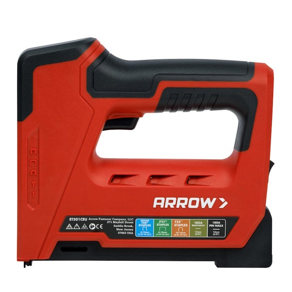Elektrischer Tacker und Nagler von Arrow in Rot und Schwarz, geeignet für verschiedene Klammern und Stauchkopfnägel, mit ergonomischem Griff.