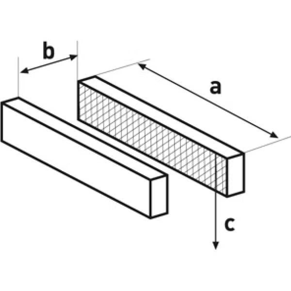 Maßskizze für Riemchen mit Angaben zu Länge (a), Fugenabstand (b) und Höhe (c).