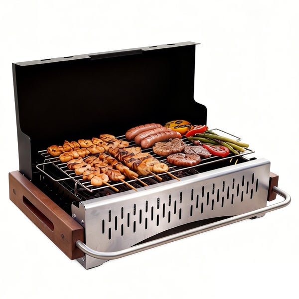 Tischgrill aus Edelstahl und Holz mit offenem Deckel, Fleischspieße, Würstchen, Steaks und Gemüse auf dem Grillrost.