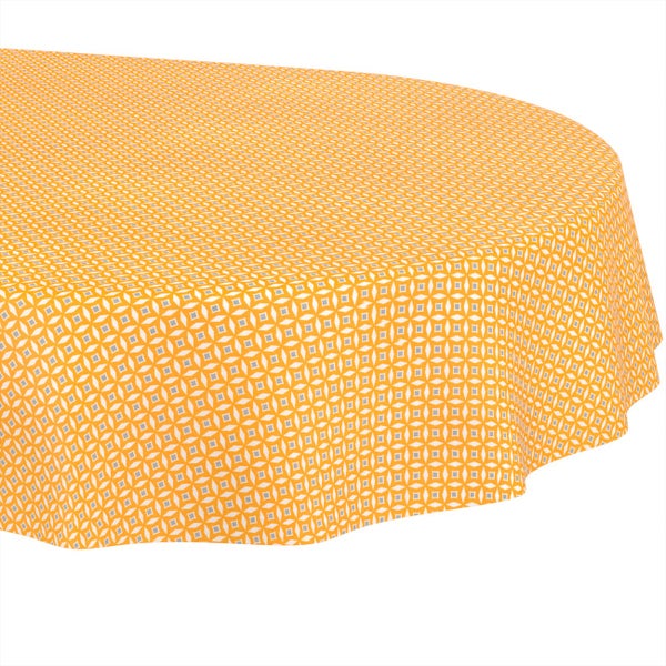 Ovale Wachstuchtischdecke mit einem gelben und weißen geometrischen Muster.
