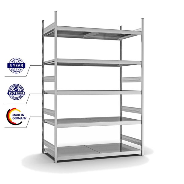 PROREGAL Weitspannregal Stecksystem T-Profil Grundregal HxBxT 300x200x80 cm 5 Ebenen Stahlplatten Fachboden Fachlast 350 kg Verzinkt