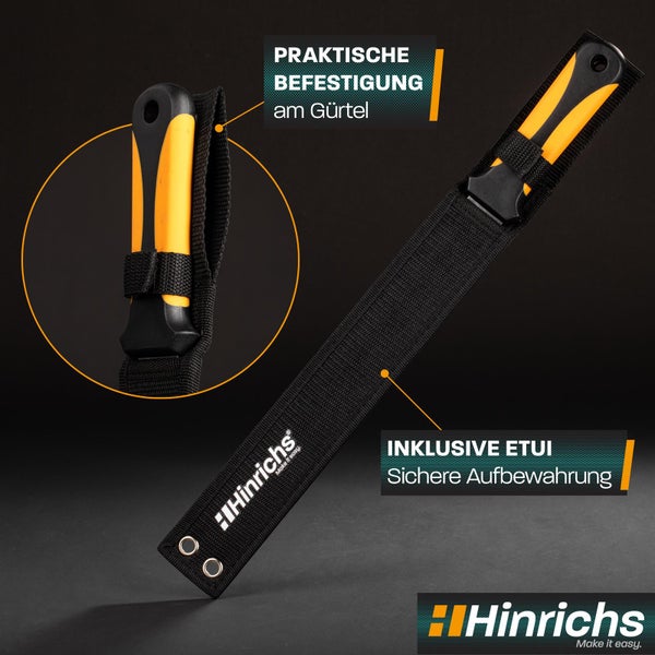 Hinrichs Cuttermesser mit praktischer Gürtelbefestigung und Textiletui zur sicheren Aufbewahrung. Hinrichs Logo.