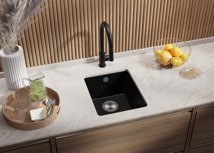 PRIMAGRAN Unterbauspüle Granit Schwarz 36x44cm, Spülbecken 1 Becken + Küchenarmatur 40x20cm + Ablauf-Set, Granitspüle ab 40er Unterschrank - Venedig Easy