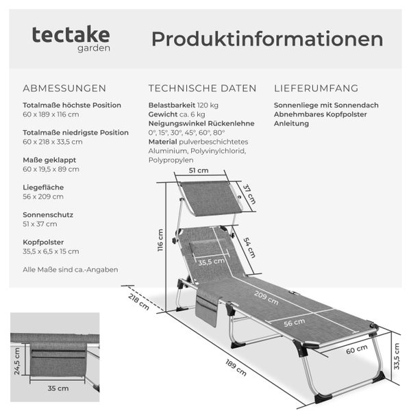 Sonnenliege tectake Aurelie 218 x 60 x 33,5 cm, inkl. Seitentasche  klappbar, mit Kopfkissen grau-meliert