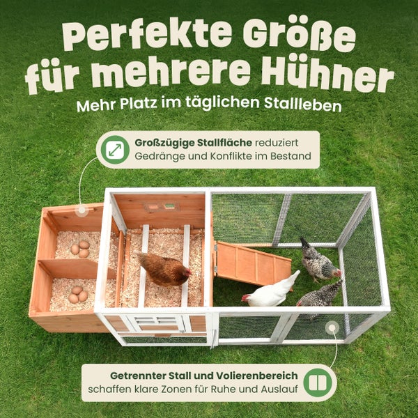Moderner Hühnerstall aus Holz mit Auslauf und Legenest in einem hellen Garten mit Hühnern auf dem Rasen.