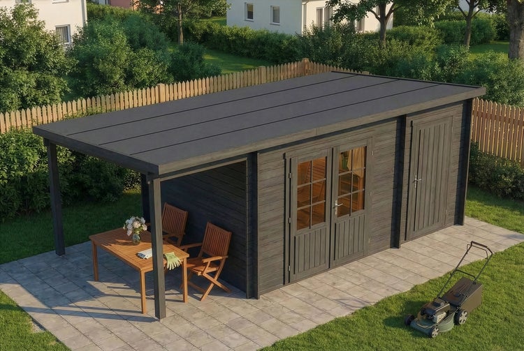 Gartenhaus aus Holz in Anthrazit mit Flachdach, Doppeltür mit Lichtausschnitten und überdachter Terrasse mit Holztisch und Stühlen.