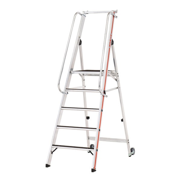 Aluminiumleiter mit vier Stufen, Handlauf und Rollen