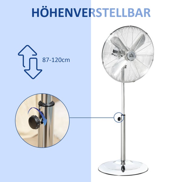 HOMCOM Standventilator, höhenverstellbar, 3 Geschwindigkeitsstufen, Verstellbarer Neigungswinkel, 44.5cm x 44.5cm x 87-120cm, Stahl, Silber