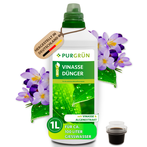 Bio Vinasse Dünger von Purgrün, 1 Liter Flasche, hergestellt in Deutschland, mit Algenextrakt für circa 100 Liter Gießwasser.
