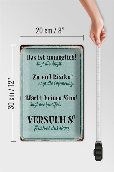 Blechschild Spruch 20x30cm Angst Erfahrung Zweifel Herz blau
