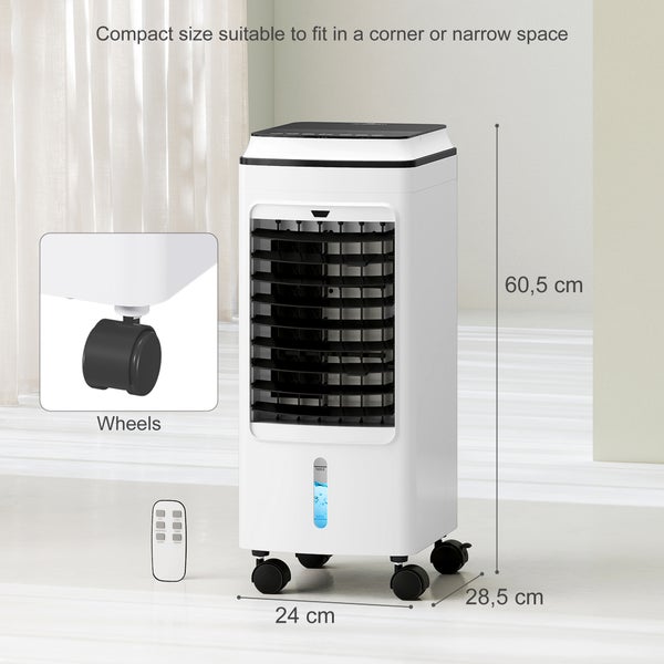 HOMCOM 3 in 1 Mobile Klimaanlage mit Luftbefeuchtung Wasserkühlung 60° oszillierendes 4L Klimagerät mit 8h Timer, Schlafmodi, 75W Luftkühler mit Fernbedienung, für 20 ㎡ Weiß