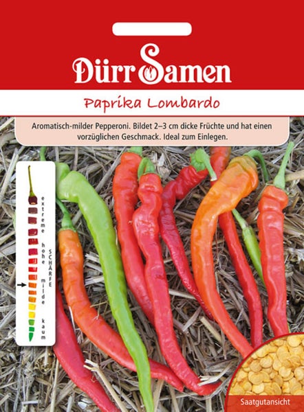 Samentüte Dürr Samen Paprika Lombardo mit Abbildung von länglichen Paprikaschoten auf Stroh, Dürr Samen Logo, Angabe für milden Schärfegrad.