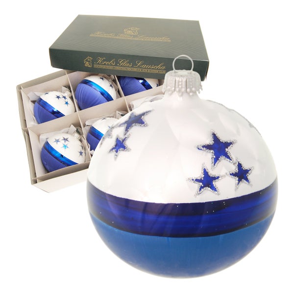 Eislack weiß/blau 8cm Glaskugel mundgeblasen und handdekoriert mit blauen Sternen (6 Stück), 6 Stck., Weihnachtsbaumkugeln, Christbaumschmuck, Weihnachtsbaumanhänger