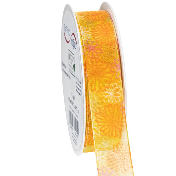 Dekorationsband mit Blumenmuster auf einer Spule, orange und gelb