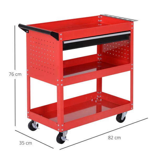 HOMCOM, Werkstatt-Rollwagen, Werkzeugwagen, 82L x 35B x 76H cm, Stahl, Schwarz+rot