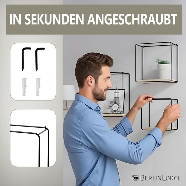 BERLINLODGE Wandregal Metall/Bambus 3er Set | Schwarz/Holz | Schrankregal, Würfelregal, 3-Teiliges Hängeregal, Wanddeko und Ablage