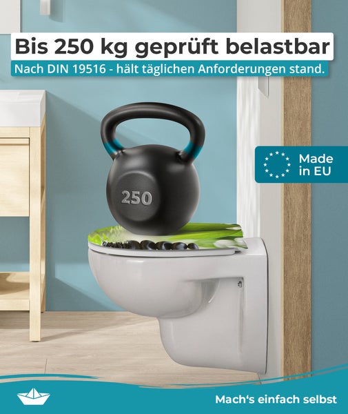 Calmwaters® WC Sitz Motiv Wellness Oase einfache Montage, Toilettendeckel bis 250 kg, Made in EU, antibakterieller Duroplast, Absenkautomatik, 2 Montage Optionen, abnehmbar, Klobrille, oval