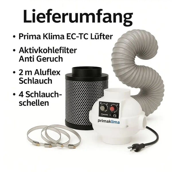 Prima Klima Belüftungsset bestehend aus EC-TC Lüfter, Aktivkohlefilter, 2 Meter Aluflexschlauch und vier Schlauchschellen.