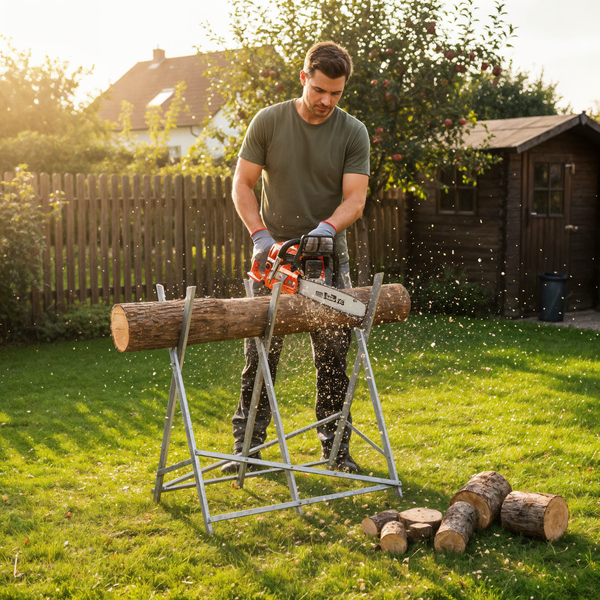 Mann sägt Holz mit einer Kettensäge auf einem Sägebock im Garten.