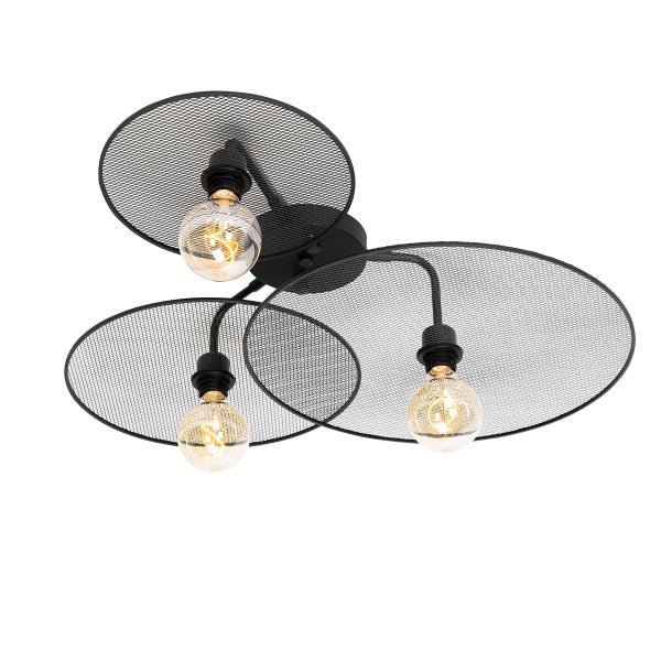 Deckenleuchte mit drei Leuchten und runden Lampenschirmen aus Metallgitter