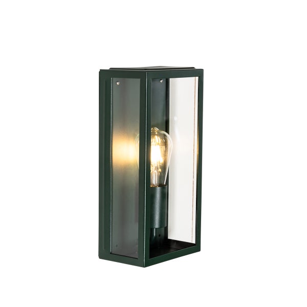 Rechteckige Außenwandleuchte aus Metall und Glas mit sichtbarem Filament-Leuchtmittel.