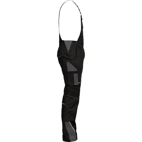 Schwarze und graue Arbeits-Latzhose mit mehreren Seitentaschen in der Seitenansicht.