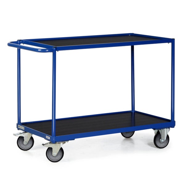 Blauer Transportwagen mit zwei Ablageflächen und Rollen