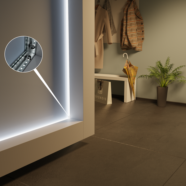 Eingangsbereich mit Garderobe, Bank, Pflanze und beleuchtetem LED-Profil