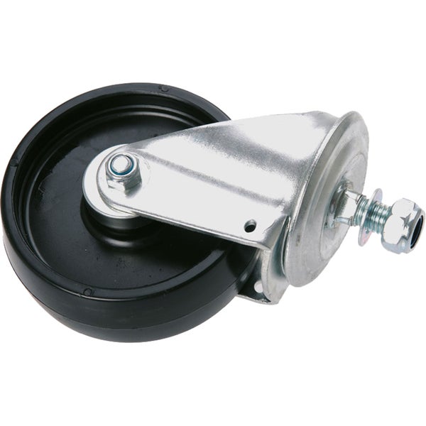 Lenkrolle mit schwarzem Kunststoffrad und Gehäuse aus verzinktem Stahl inklusive Gewindebolzen.