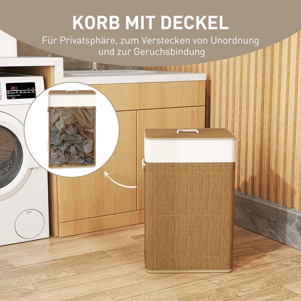 Wäschekorb mit Deckel im Badezimmer neben Waschmaschine und Waschbecken