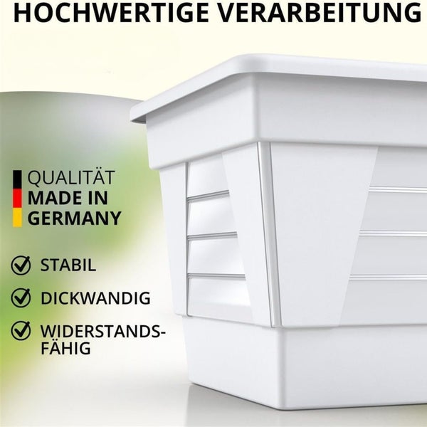 Stabiler und dickwandiger Kunststoff Pflanzkasten aus deutscher Produktion mit hochwertiger Verarbeitung.