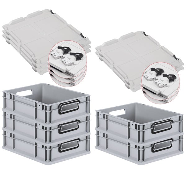 PROREGAL SuperSparSet 5x Eurobox NextGen Color mit Scharnierdeckel und Schiebeschnappverschlüssen, HxBxT 12x30x40cm, 11 Liter, Grau, Griffe schwarz offen, Eurobehälter, Transportbox, Transportbehälter, Stapelbehälter