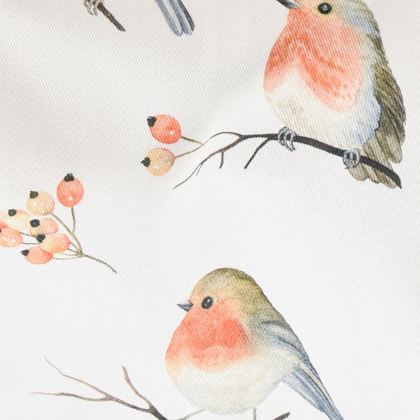 Muster mit Aquarell-Illustrationen von Rotkehlchen und Beeren auf Zweigen.