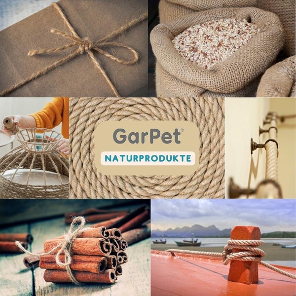 Collage mit Artikeln aus Naturmaterialien, darunter Seile, Zimtstangen und Getreide in einem Jutesack